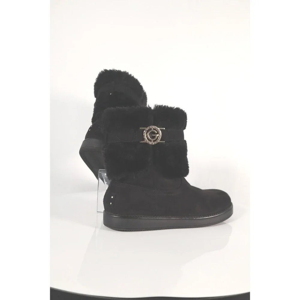 GUESS Black Faux Suede Fur Trim Rhinestone Logo‎ Mid-Calf Boots Size 10W